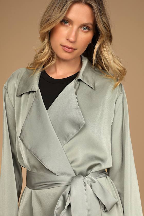 Sage Green Trench Coat - Satin Duster Jacket - Lightweight