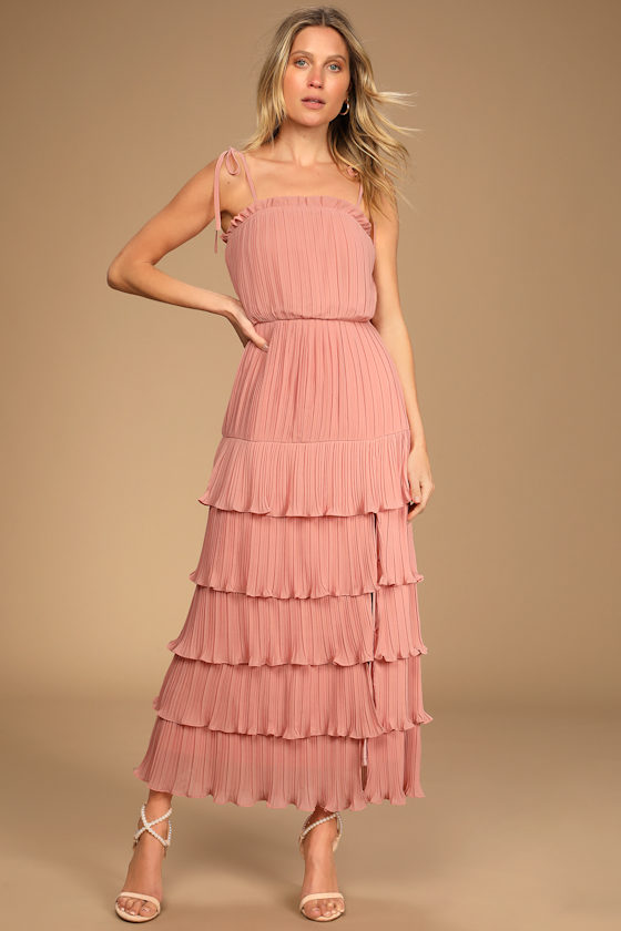 Double Straps Pleated Skirt Dress with Self-tie Candy Pink