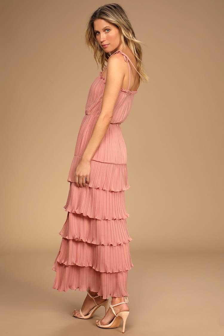 Pink Pleated Dress - Tiered Ruffled Dress - Tie-Shoulder Dress - Lulus