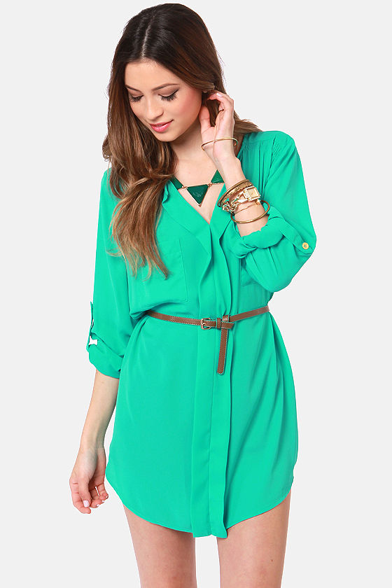Cute Teal Dress - Belted Dress - Shirt Dress - $42.00 - Lulus