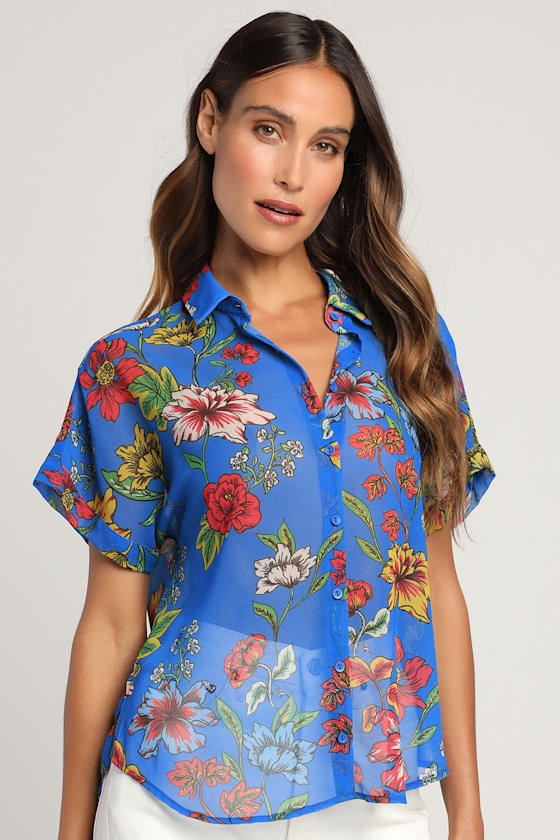 Blue Multi Floral Top - Sheer Button-Up 