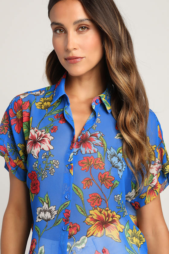Blue Multi Floral Top - Sheer Button-Up 
