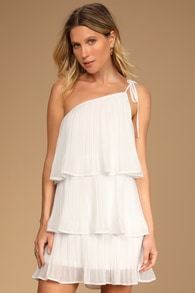 Blowing Kisses White Pleated One-Shoulder Mini Dress