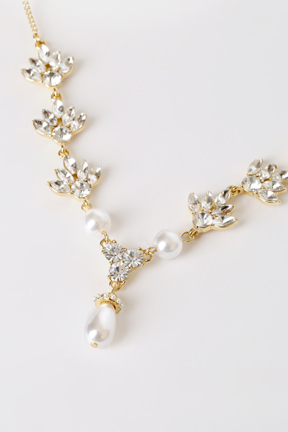 14k Gold Choker Necklace - Rhinestone and Pearl Necklace