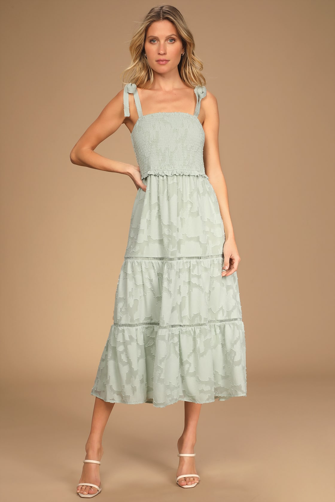 Float to Love Mint Jacquard Smocked Tie-Strap Midi Dress