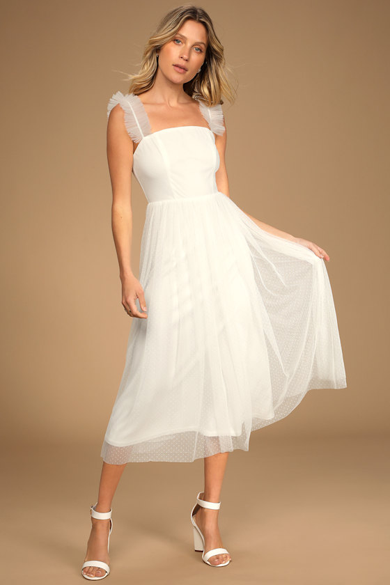 Divine Invitation White Swiss Dot Ruffled Midi Dress 5