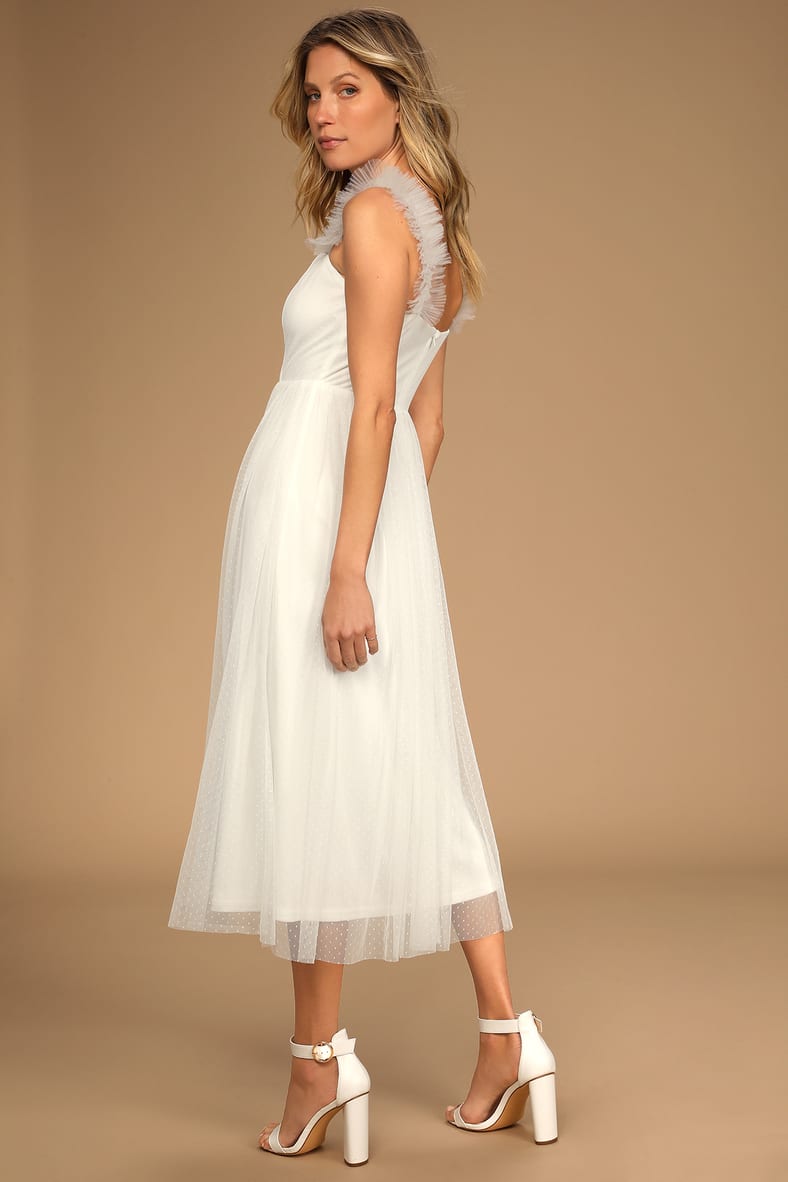 Divine Invitation White Tulle Swiss Dot Ruffled Midi Dress