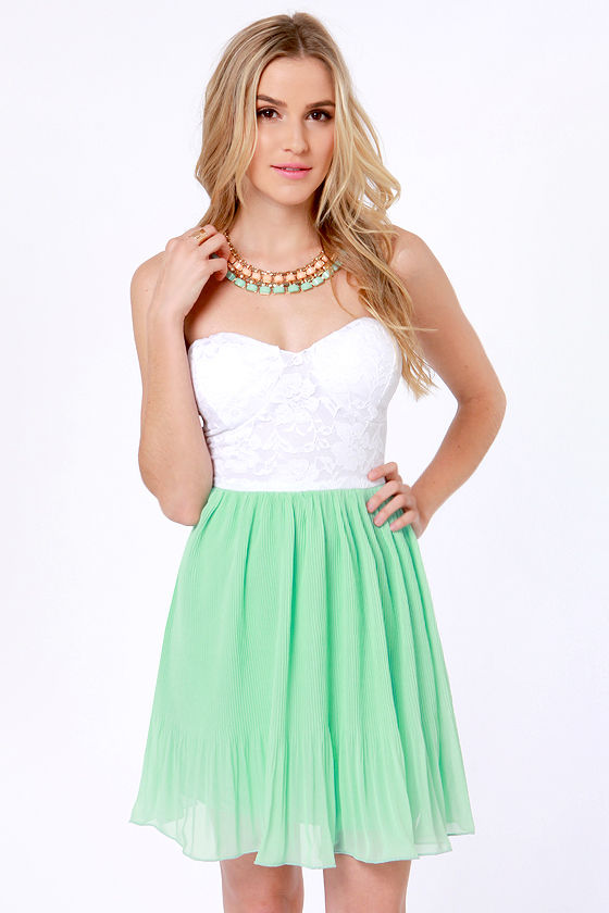 green and white lace dress