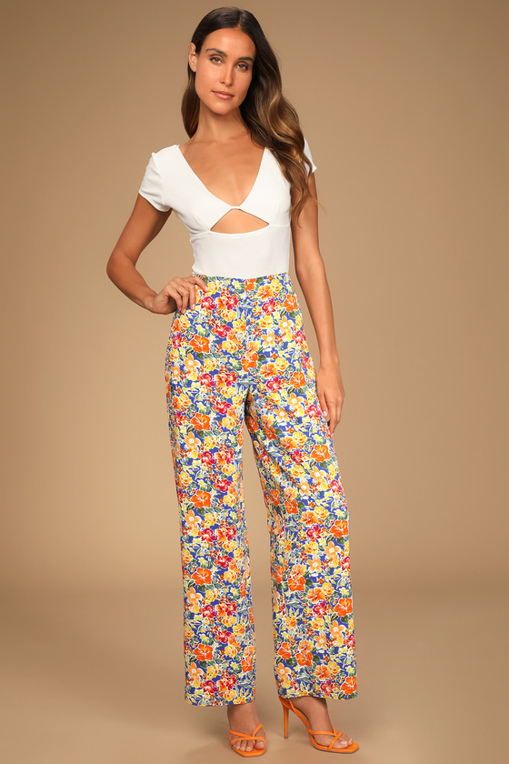 tropical print wide leg pants
