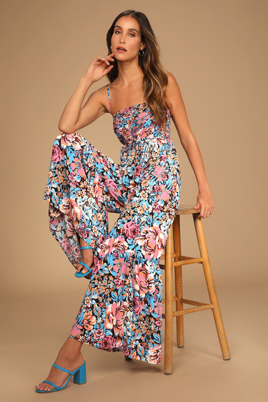 Escape to the Islands Multi Floral Smocked Sleeveless Jumpsuit