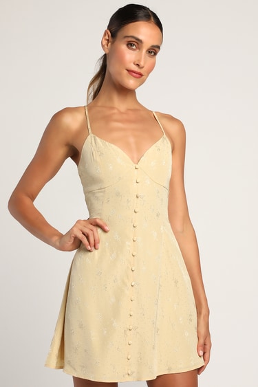 Constantly Chic Light Yellow Floral Jacquard Satin Mini Dress