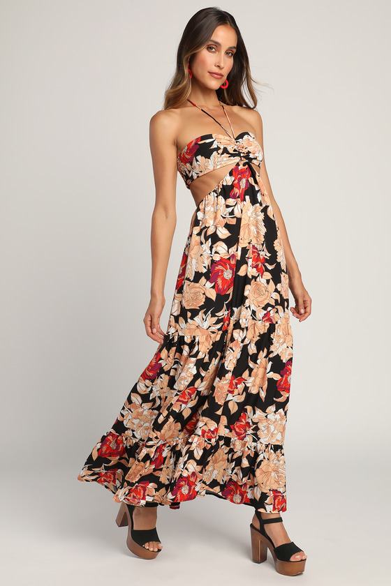 Black Maxi Dress - Floral Print Dress - Halter Dress - Maxi - Lulus