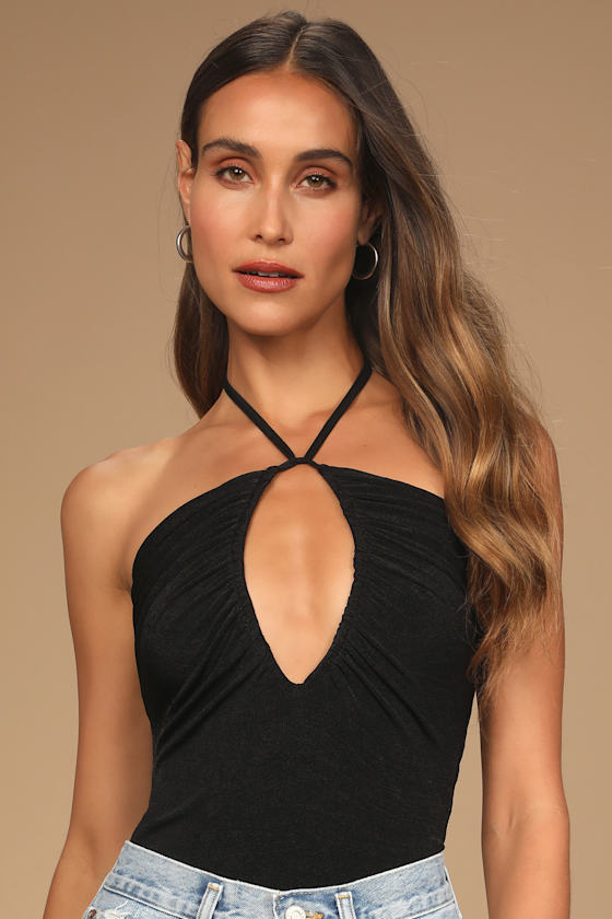 Shiny Black Bodysuit Jersey Knit Bodysuit Halter Bodysuit Lulus