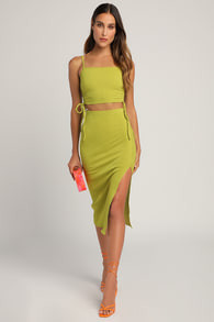 Lead by Example Lime Green Ruched Bodycon Two Piece Midi Dress