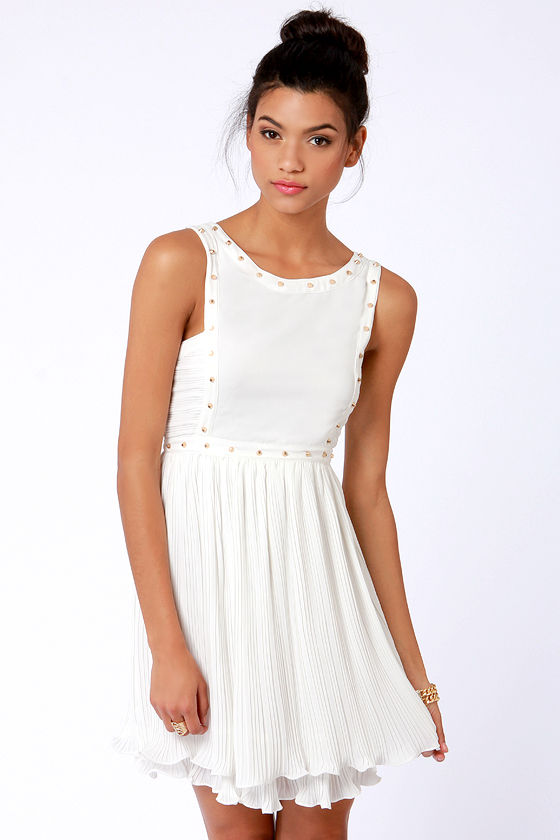 Pretty Studded Dress - Ivory Dress - Pleated Dress - $58.00 - Lulus