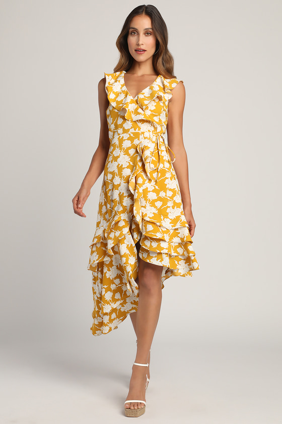 Yellow Wrap Dress - Floral Print Dress - Asymmetrical Dress - Lulus