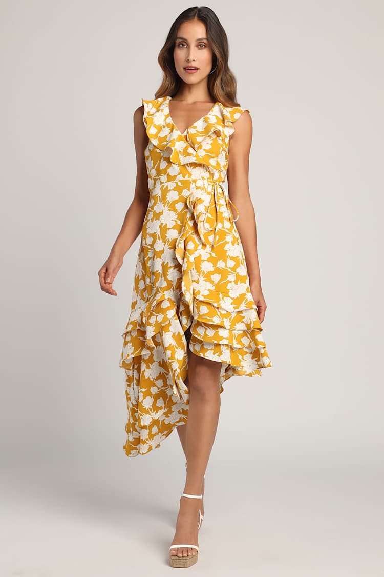 Yellow Wrap Dress - Floral Print Dress - Asymmetrical Dress
