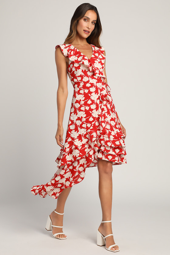 Red Wrap Dress - Floral Print Dress - Asymmetrical Dress - Lulus