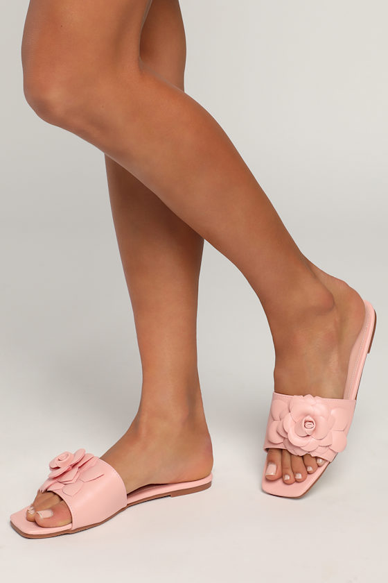 Blush Pink Slide Sandals Flower Sandals Flat Slide Sandals Lulus