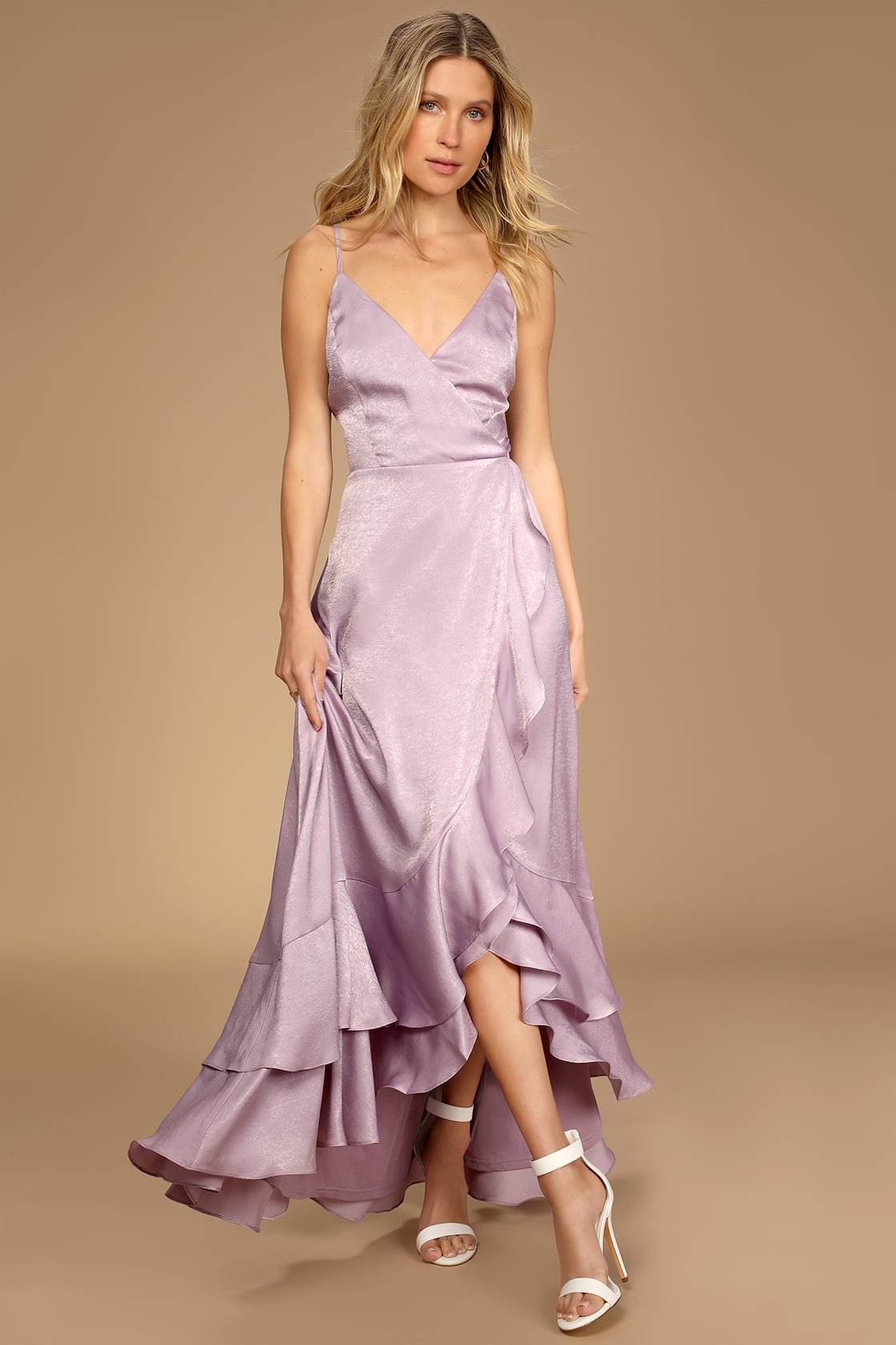 In Love Forever Lavender Satin Lace-Up High-Low Maxi Dress