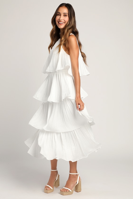 Tier and Far White Tiered Pleated Halter Midi Dress