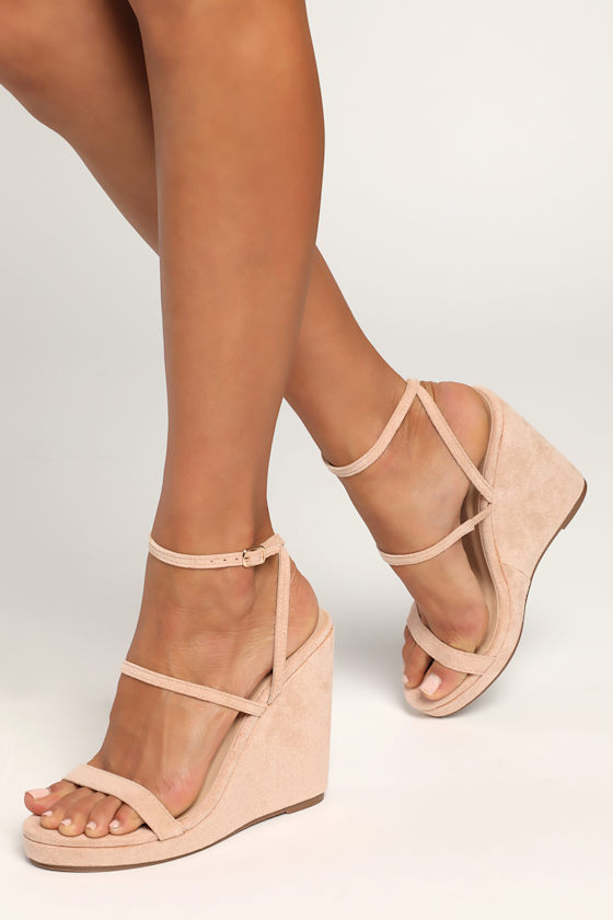 Basik Light Nude Suede Ankle Strap Platform Wedge Sandals 1
