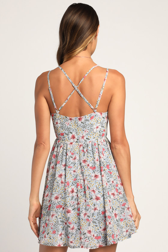 Light Blue Floral Dress - V-Neck Mini Dress - Open Back Dress - Lulus
