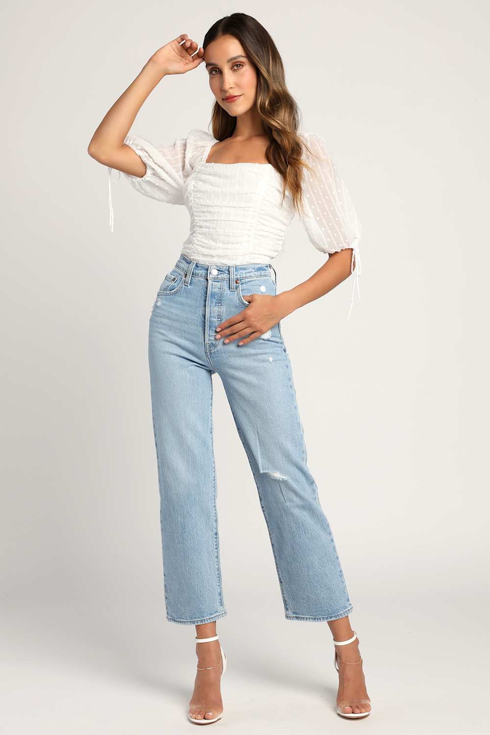 Think of Me Ivory Swiss Dot Ruched Bodysuit
