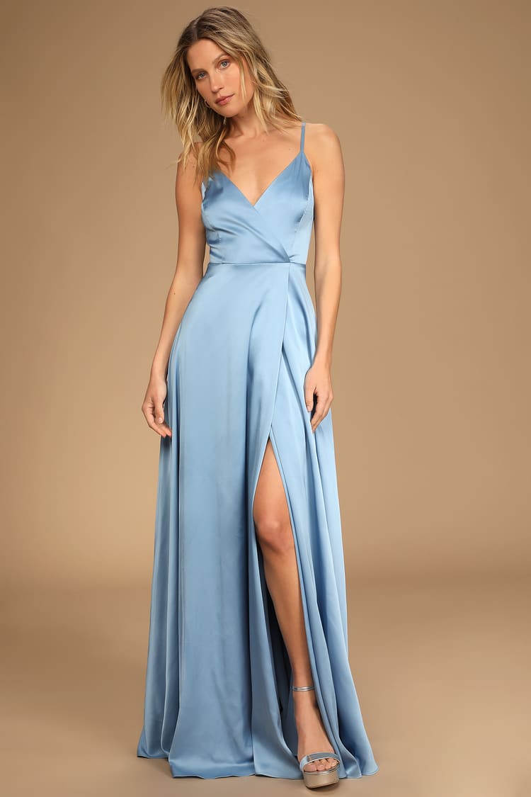 Gorgeous Blue Dress - Surplice Gown - Satin Maxi Dress - Lulus