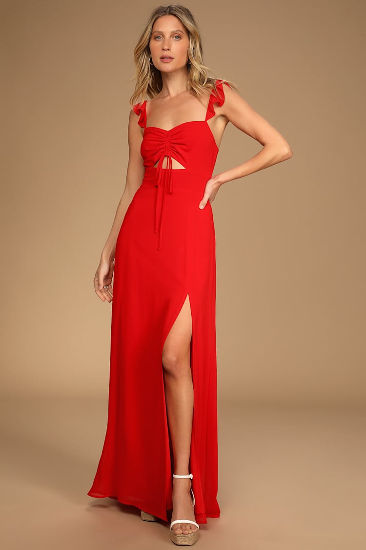 open lace back dress Nahanee Red Ruffle Maxi Dress - US 0