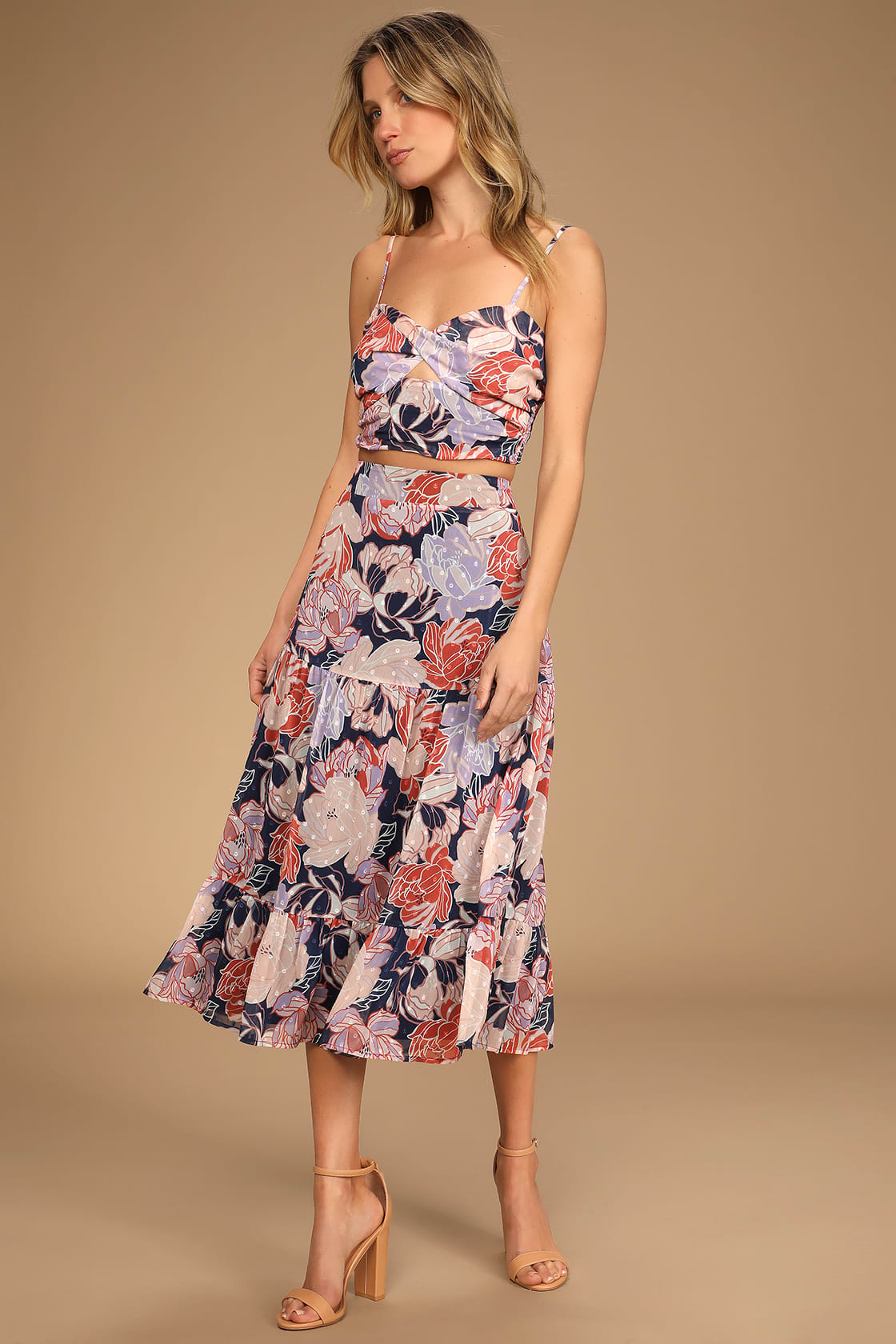 Floating Through Flowers Multi Floral Two-Piece Midi Beach Wedding Guest Dress