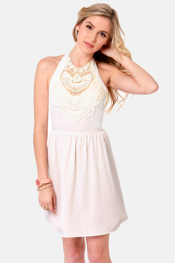 Pretty Cream Dress Lace Dress Halter Dress 44.00 Lulus