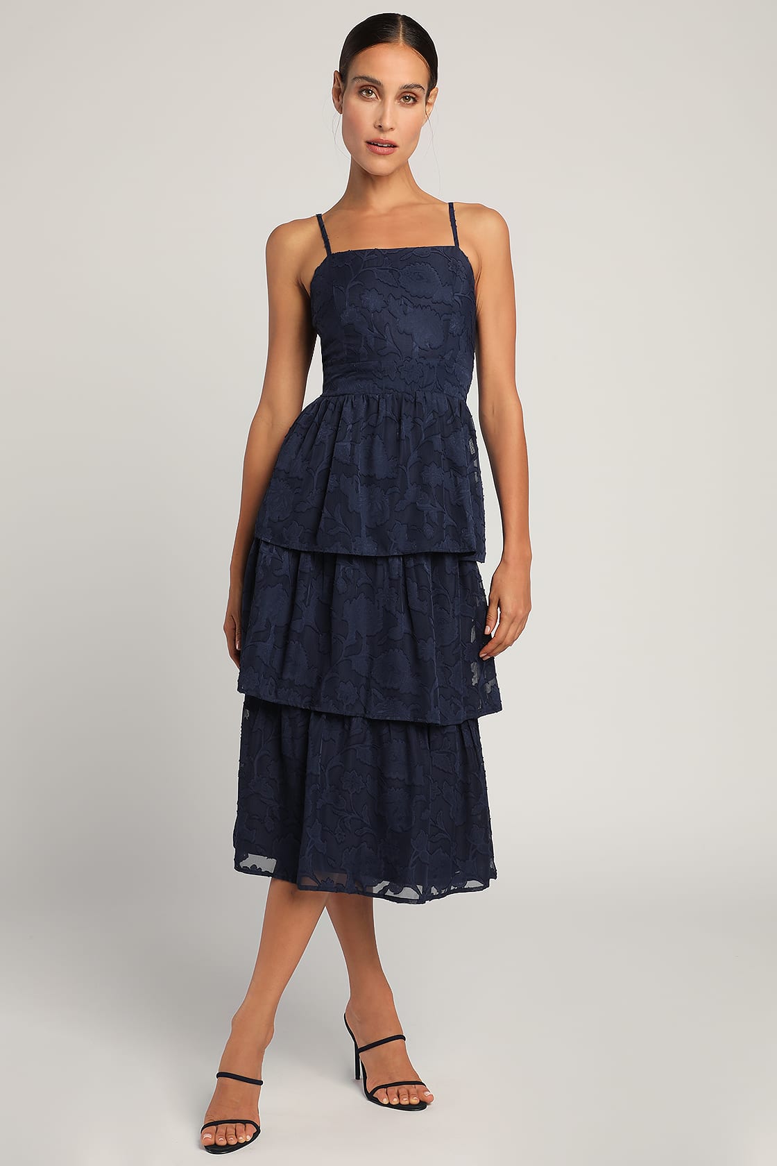 Grace and Beauty Navy Blue Burnout Floral Print Tiered Dress
