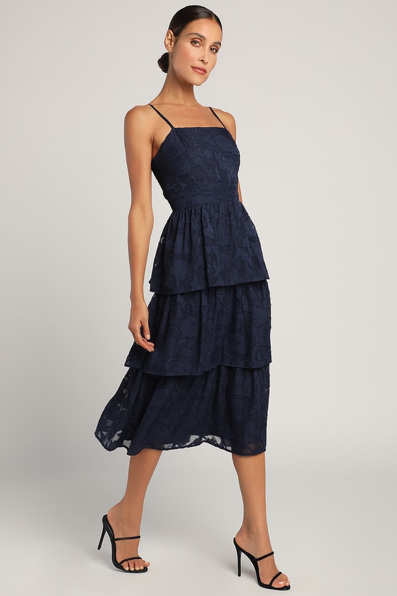 Navy Blue Midi Dress - Jacquard Midi Dress - Tiered Midi Dress - Lulus