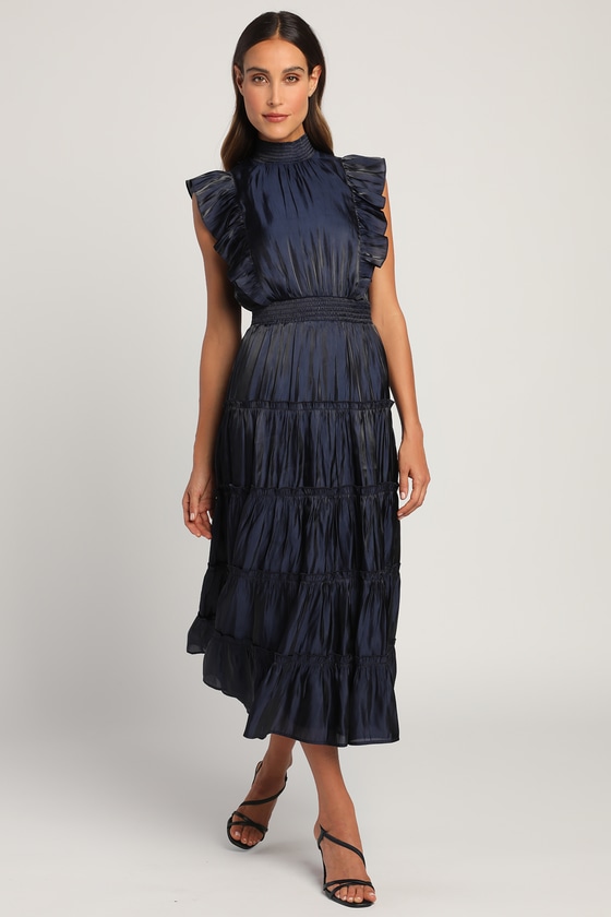 Navy Blue Midi Dress - Tiered Midi Dress - Mock Neck Dress - Lulus