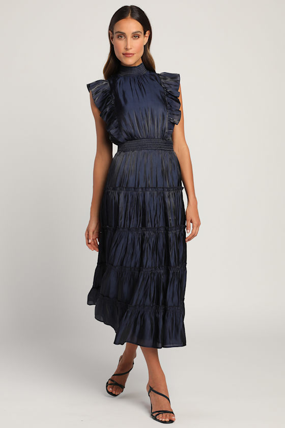 Take a Glance Navy Blue Tiered Mock Neck Midi Dress 5