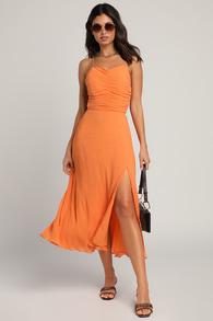 View From the Top Orange Plisse Sleeveless Lace-Up Midi Dress