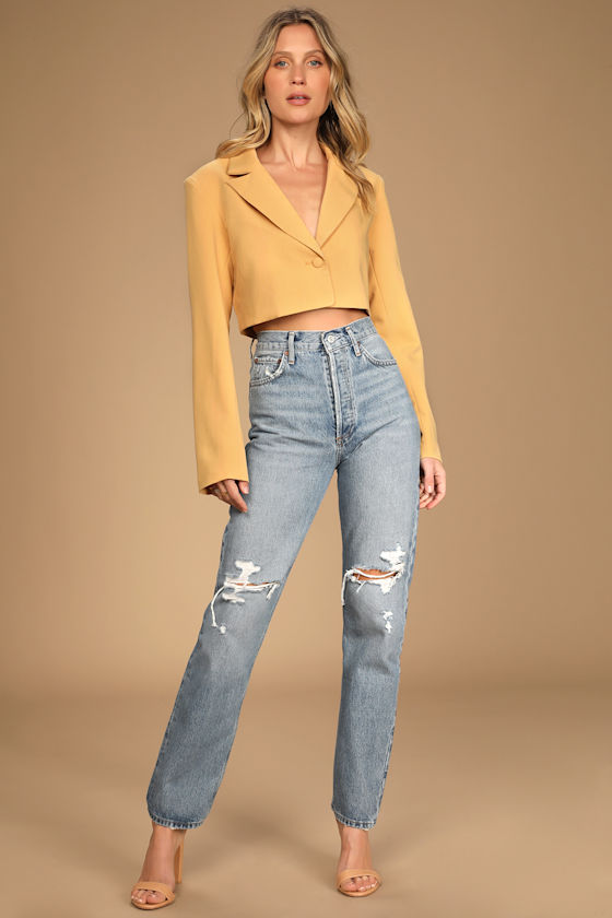 Mustard Yellow Blazer Cropped Blazer Women's Blazers Lulus