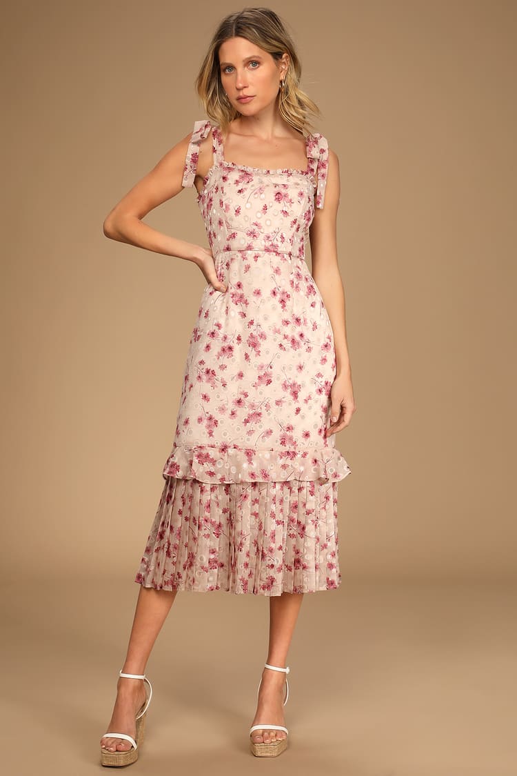Taupe Floral Dress - Chiffon Midi Dress - Ruffled Midi Dress - Lulus