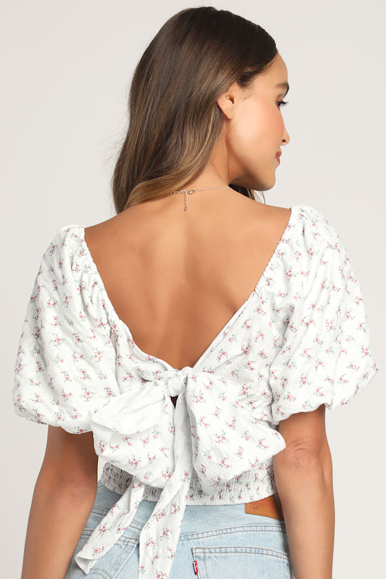 Feelings Blossom Ivory Floral Puff Sleeve Tie-Back Crop Top 3