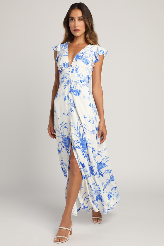 Botanical Bliss White Floral Print Flutter Sleeve Maxi Dress