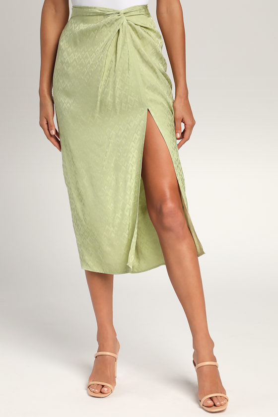 Chic Find Sage Green Satin Jacquard Knot Front Midi Skirt 5