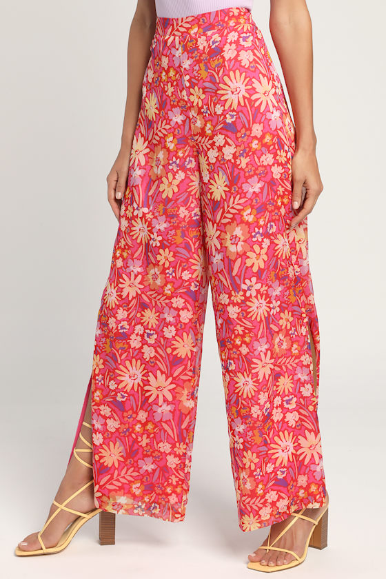 Red Multi Floral Print Pants - Wide-Leg Pants - Chiffon
