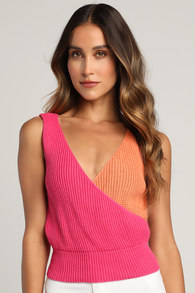 Double This Pink and Orange Color Block Knit Tank Top