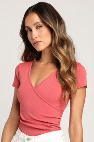 All Day Fave Rusty Rose Ribbed Surplice Short Sleeve Bodysuit