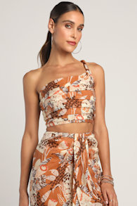 Something Wild Brown Multi Print Pleated One-Shoulder Crop Top 4