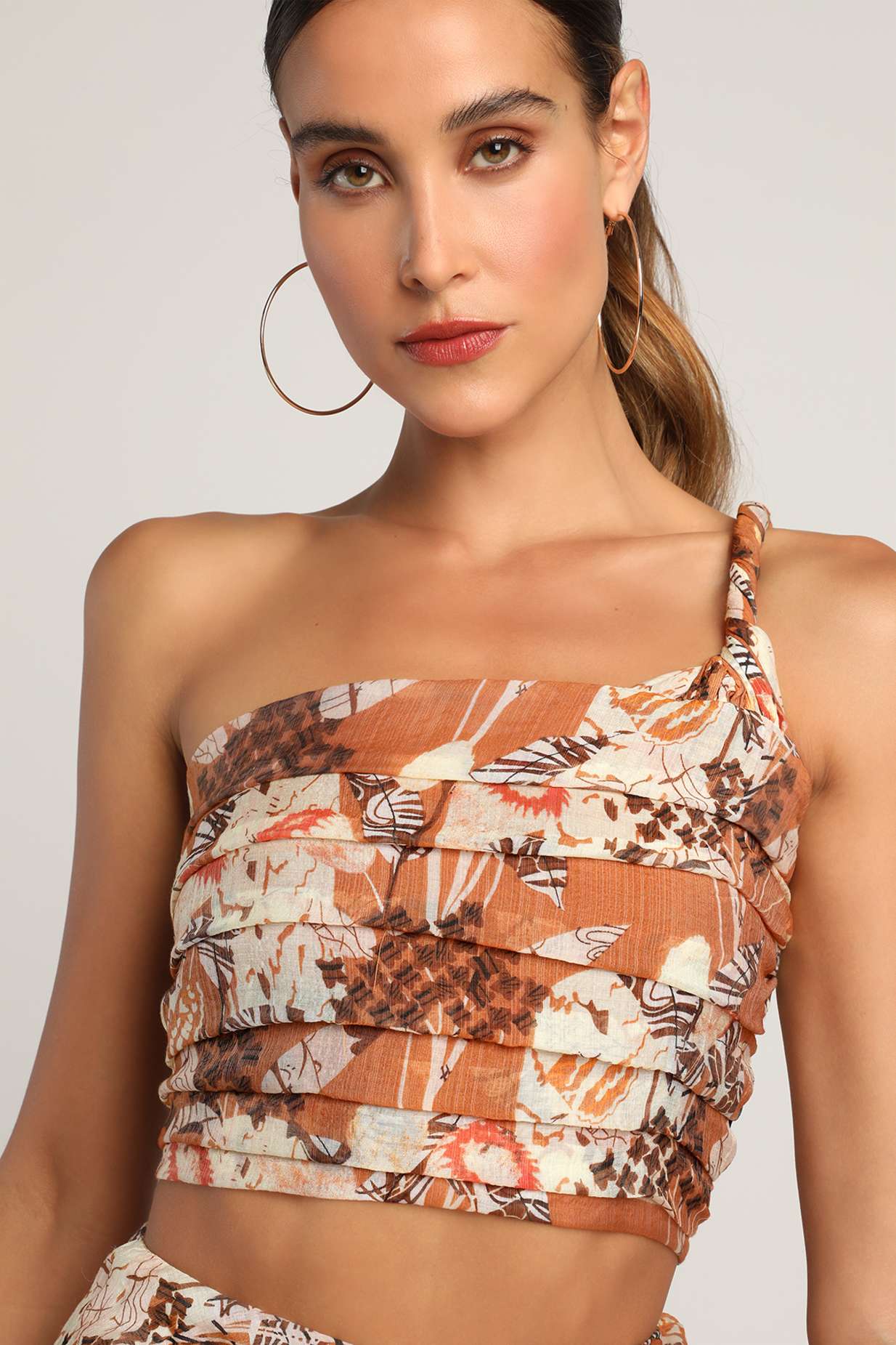 Something Wild Brown Multi Print Pleated One-Shoulder Crop Top