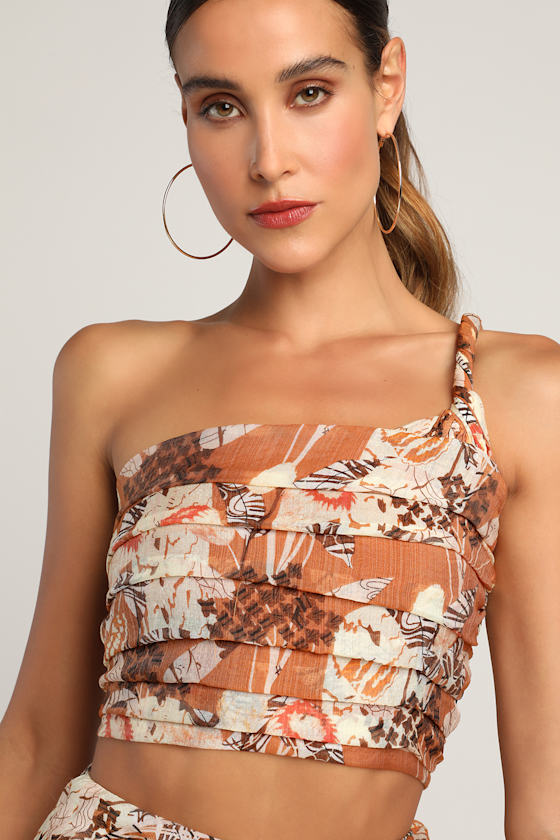 Something Wild Brown Multi Print Pleated One-Shoulder Crop Top 6