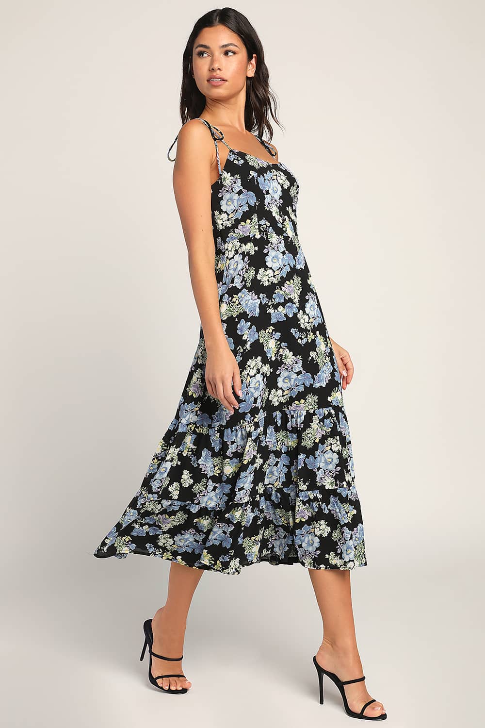 Started With a Kiss Black Floral Print Tie-Strap Tiered Dress