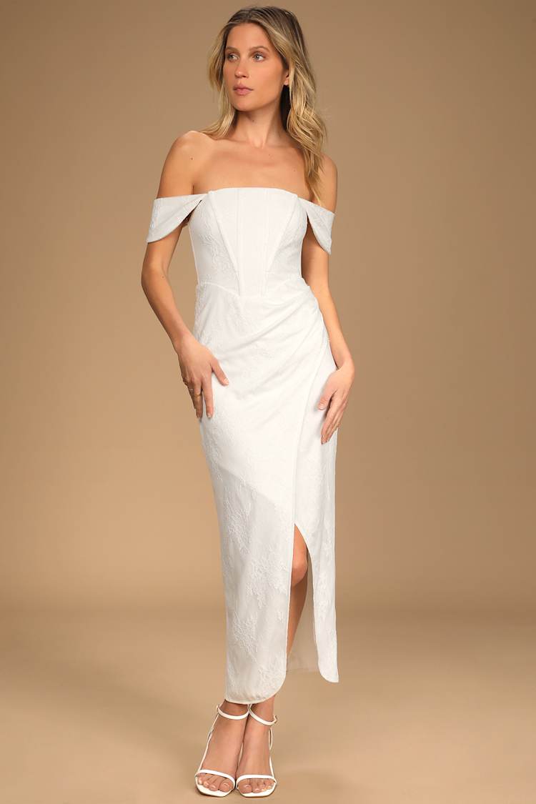 knee length dresses for ladies Off Shoulder White Lace eyelet Midi Dress – Vishal Enterprises Inc main image 0
